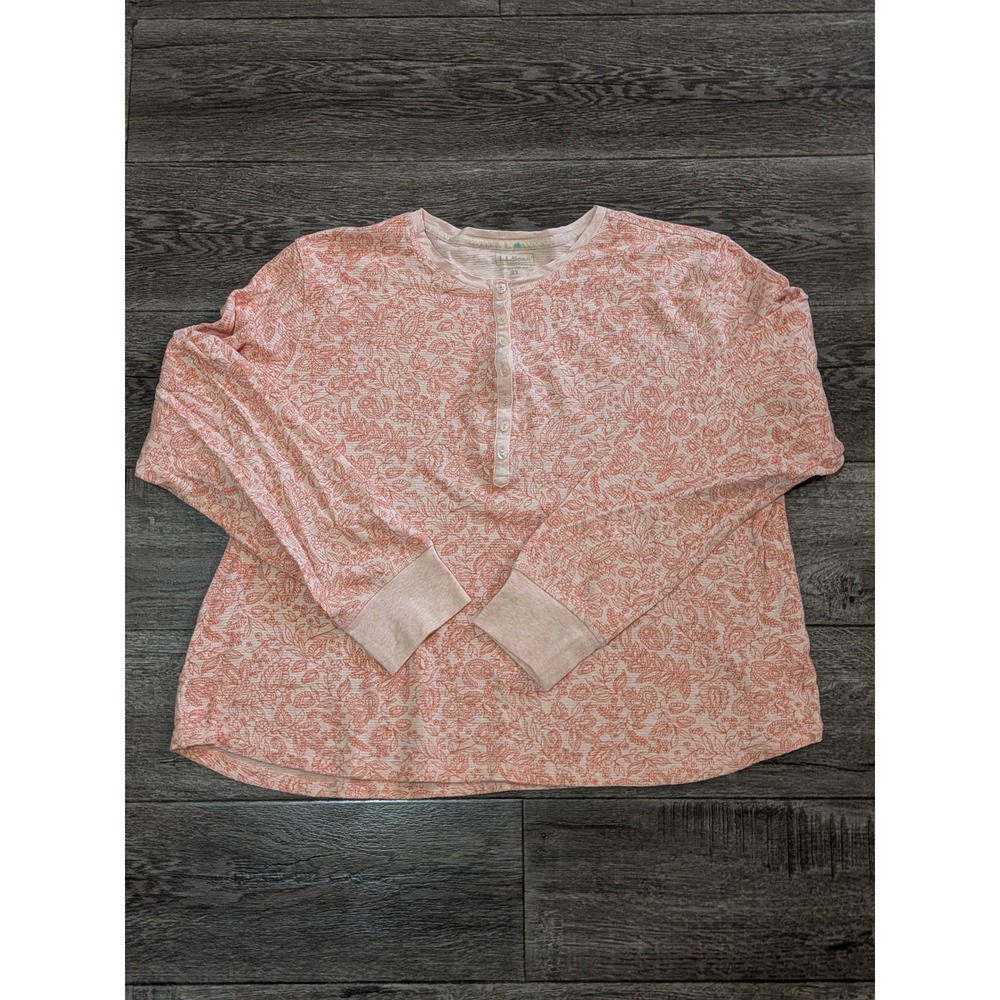 LL Bean Womens 2X Henley Top Long Sleeve Floral Paisley Waffle Knit Peach Pink